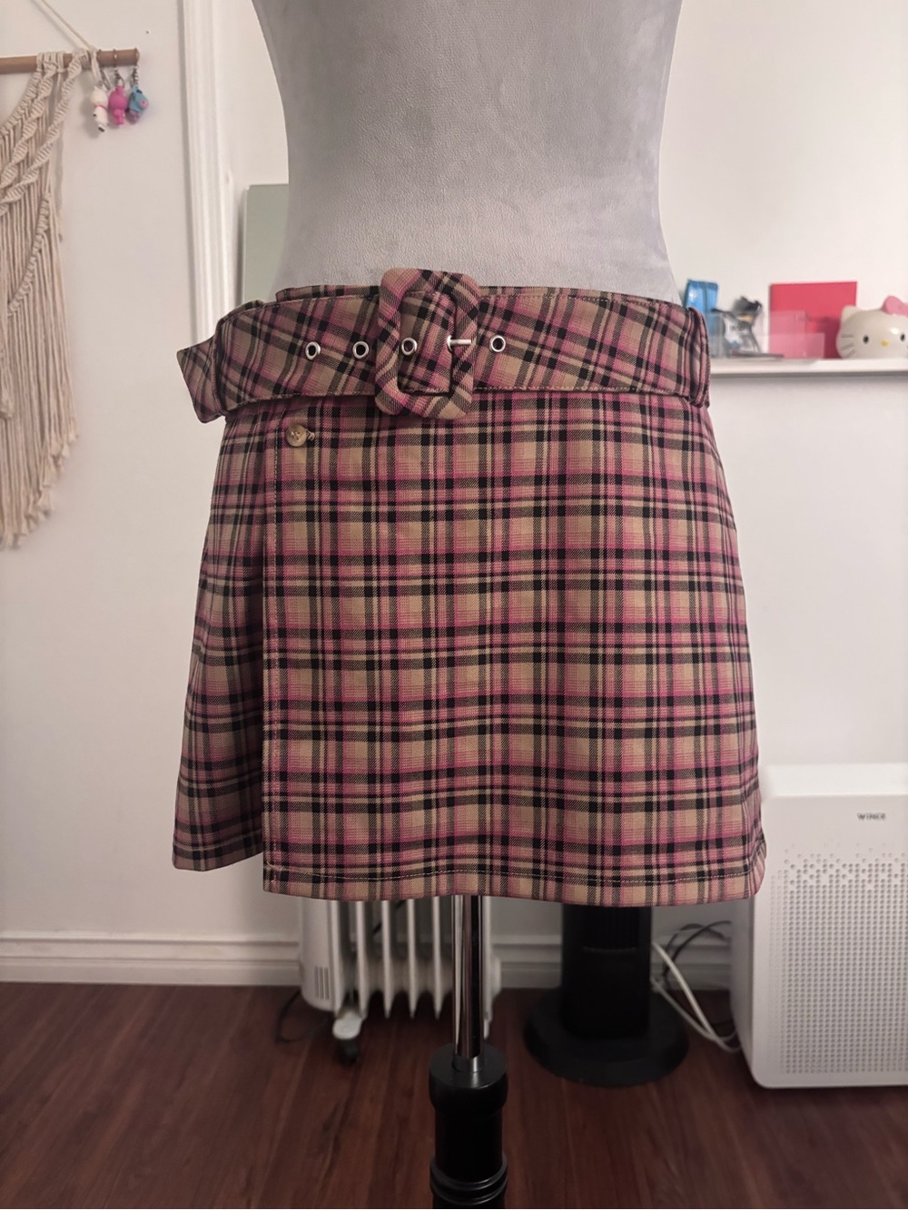 Plaid Pink Mini Skirt with Belt